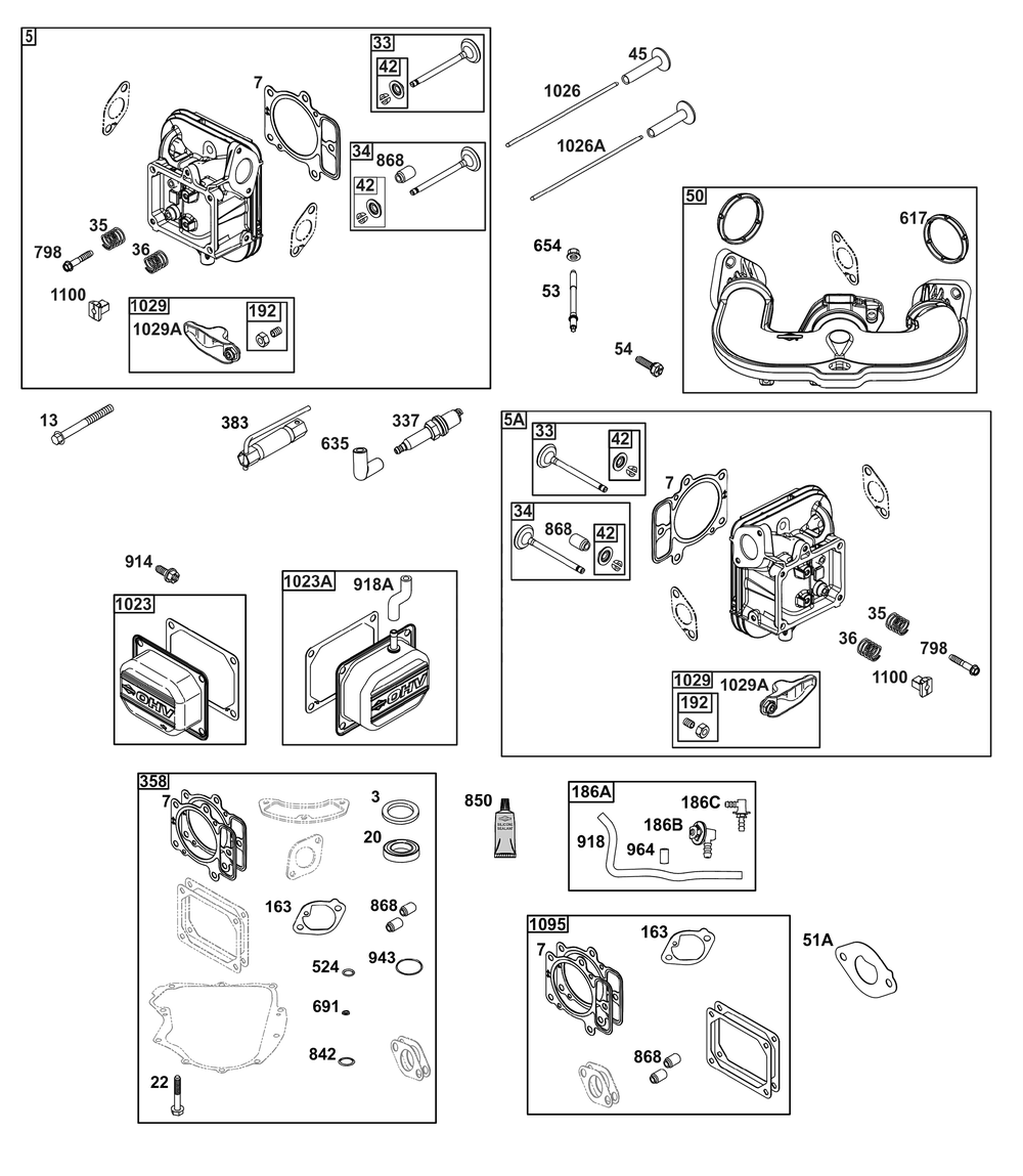 Cylinder Head Group Diagram and Parts List for 44U677-0020-B5 400000 - 699999 Briggs and Stratton Engine